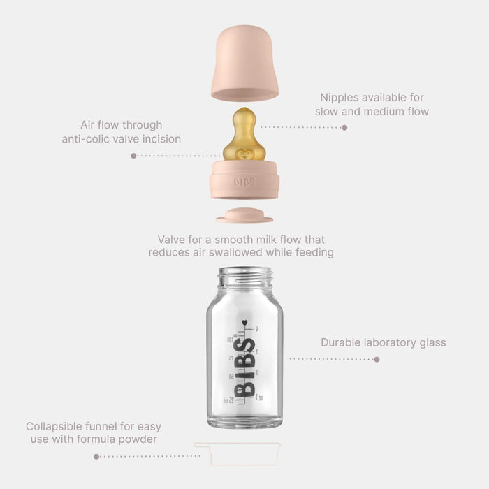 Exploded view of Toshi Baby Bibs 225ml Glass Bottle Set made from borosilicate glass