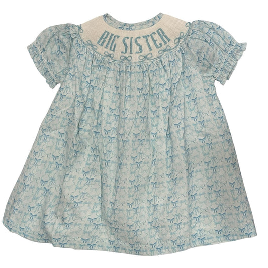 Big Sister Blue Bows Bishop Dress in soft blue bow print with smocked neckline