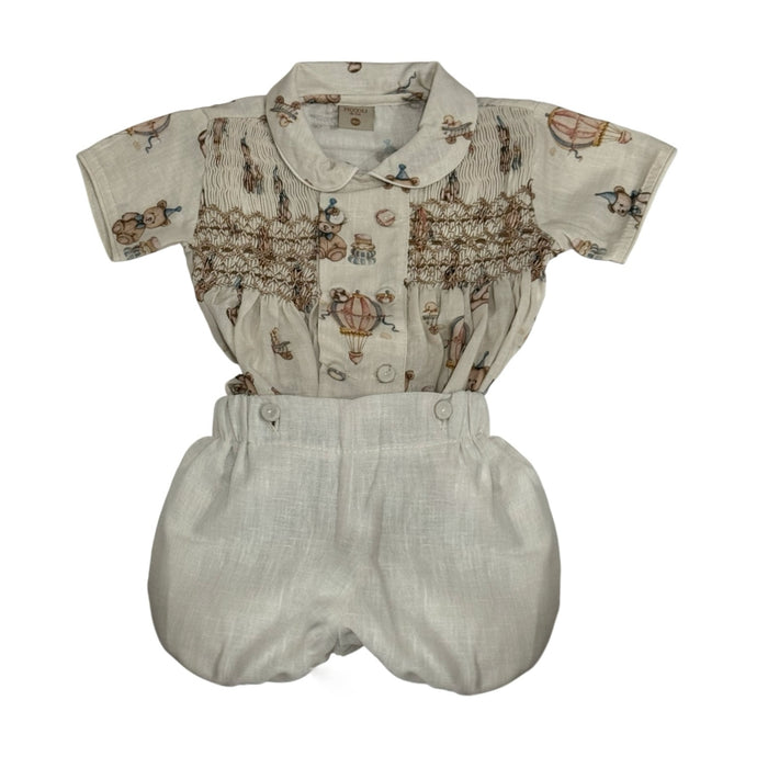Birthday Bear Handsmocked Boy Set with bear print shirt and coordinating ivory shorts
