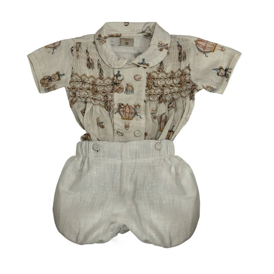 Birthday Bear Handsmocked Boy Set with bear print shirt and coordinating ivory shorts