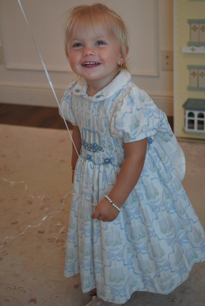 Birthday Blue Cake and Bows Handsmocked Dress