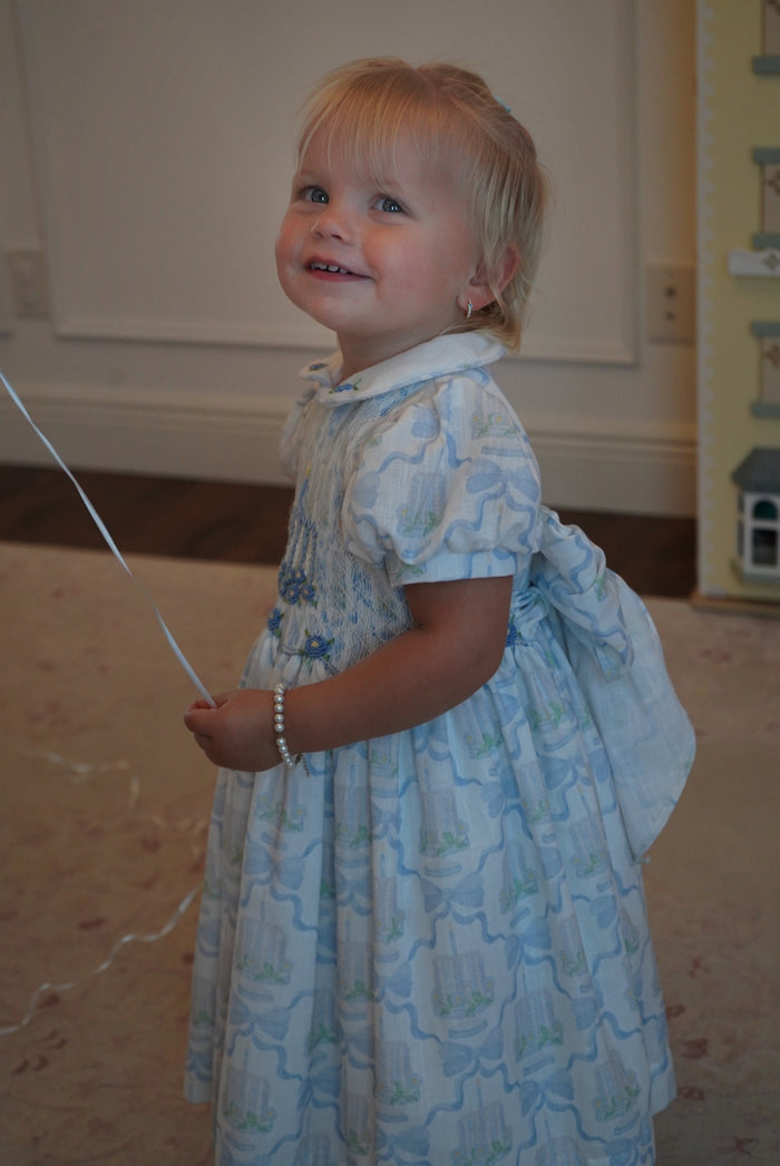 Birthday Blue Cake and Bows Handsmocked Dress
