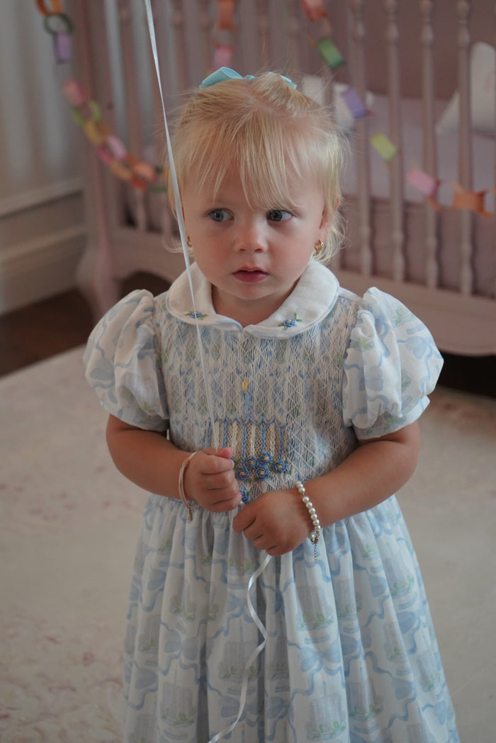 Birthday Blue Cake and Bows Handsmocked Dress