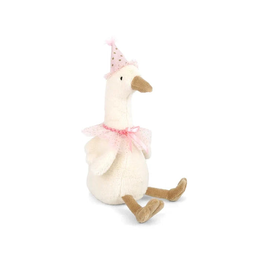 Birthday Goose Plush wearing a blush pink tutu, party hat and ribbon bow