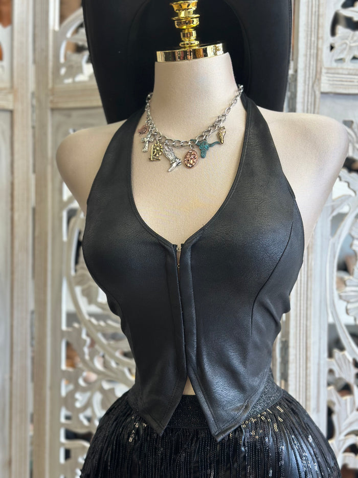 Black Faux Leather Open Back Top- Estira, Stretchy