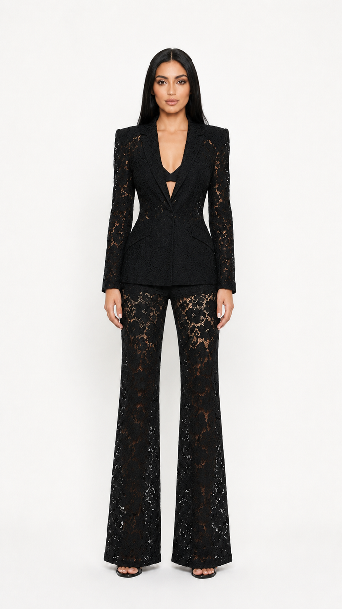 Black Lace Tailored Blazer & Wide-Leg Pants Set – ZARA