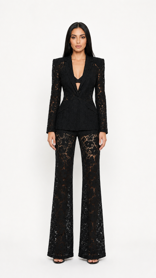 Black Lace Tailored Blazer & Wide-Leg Pants Set – ZARA
