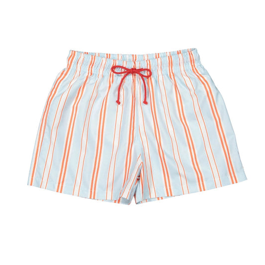Breeze Boys Trunks in light blue and coral striped print with red drawstring