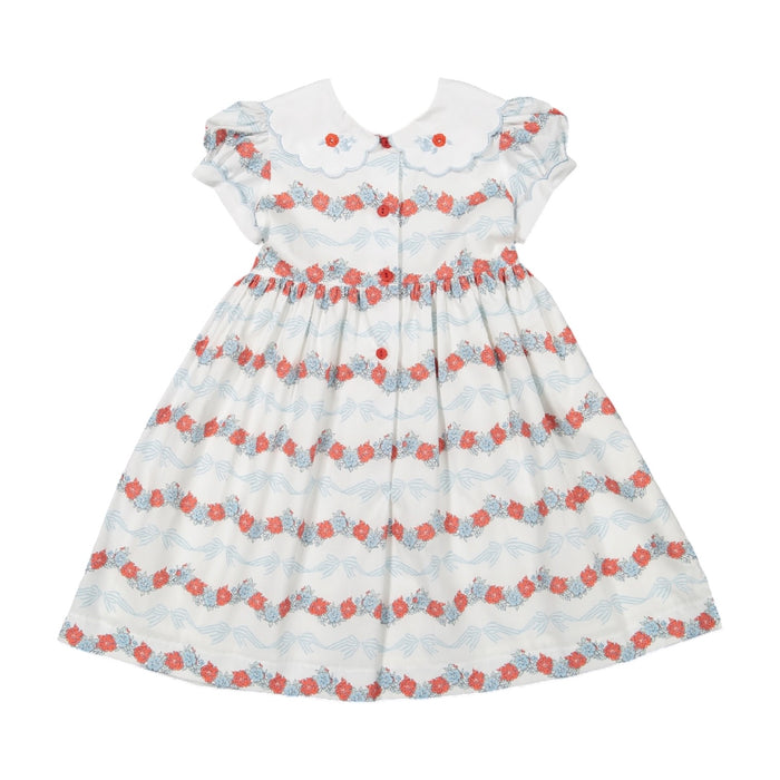 Breeze Floral and Bows Dress in coral floral and light blue bow print with scalloped collar