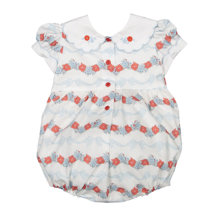 Breeze Floral and Bows Romper in coral floral and light blue bow print with scalloped collar