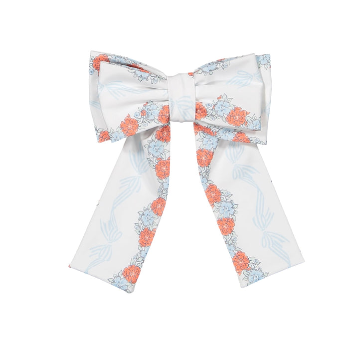 Breeze Floral Lycra XL Hair Bow in coral floral and light blue bow print with long ribbon tails