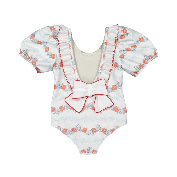 Back view of Breeze Floral Swimsuit with coordinating ruffled detailing