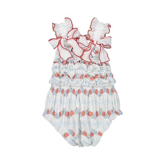 Breeze Frilled Swimsuit in coral floral-and-bow print with layered ruffles and oversized white bows