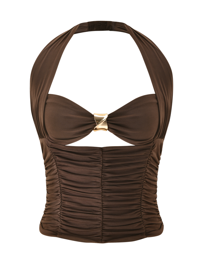 The BRIALLEN TOP - CHOCOLATE by TIGERMIST is a brown halter top featuring a ruched design, gold decorative center clasp, front cutout below the bust, and gathered detailing for a chic look.
