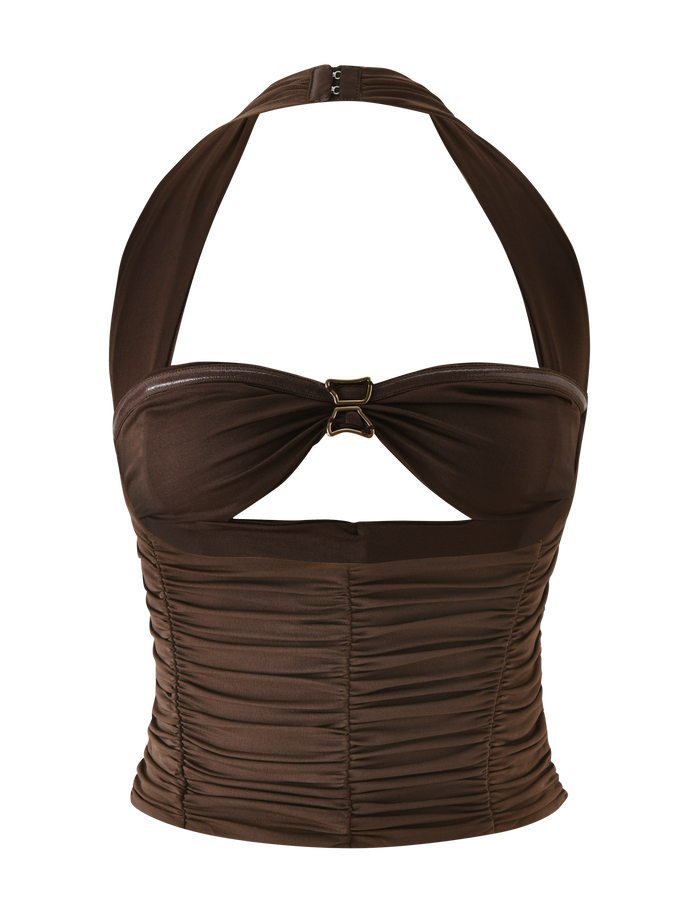 The TIGERMIST BRIALLEN TOP - CHOCOLATE is a brown halter top with a sweetheart neckline, central gold clasp, and a fitted ruched bodice for a flattering silhouette.