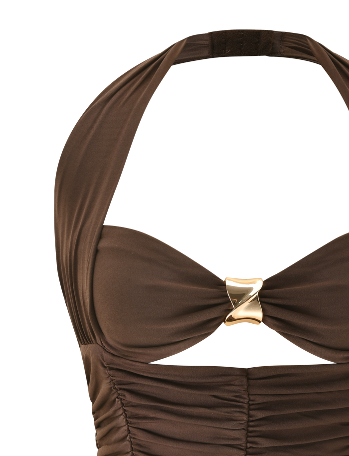 Close-up of the BRIALLEN TOP - CHOCOLATE by TIGERMIST, a brown halter top with a ruched front, sweetheart neckline, and gold square accent at the bust. Shown against a plain white background.
