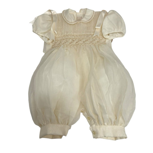 Brice Ivory Boy Handsmocked Romper with delicate handsmocking and softly ruffled collar