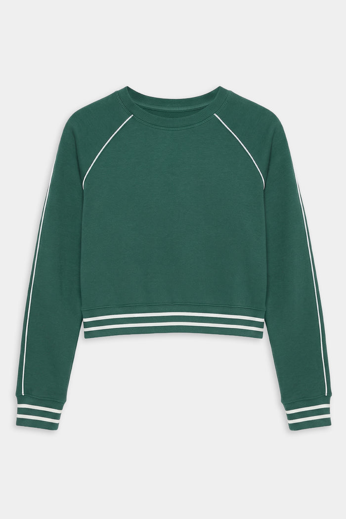 The SPLITS59 Brooks Fleece Sweatshirt With Stripe in Arugula/White features a crewneck, long sleeves, cropped fit, white sleeve piping, striped cuffs and hem. Crafted in Los Angeles from soft drape-stretch modal for comfort and style.