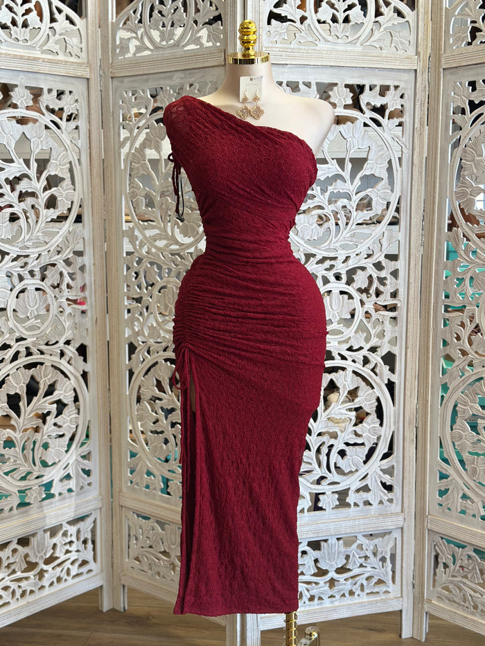 Burgundy Lace Asymmetrical Dress- Stretchy, Estira