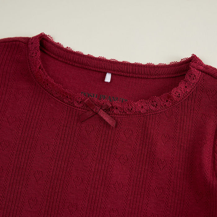 Burgundy Pointelle Lettuce Edge Shirt