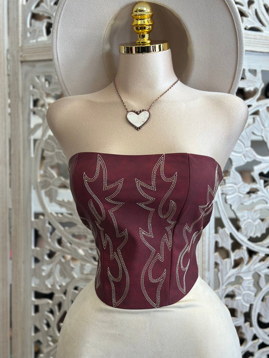 Burgundy Western Embroidered Corset- No Estira, Not Stretchy