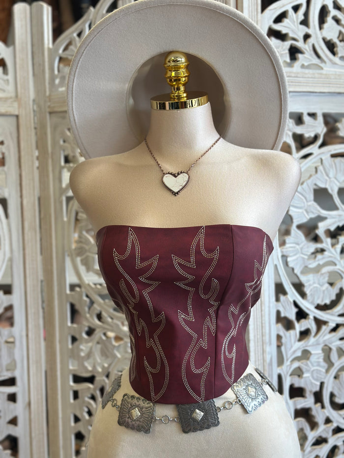 Burgundy Western Embroidered Corset- No Estira, Not Stretchy