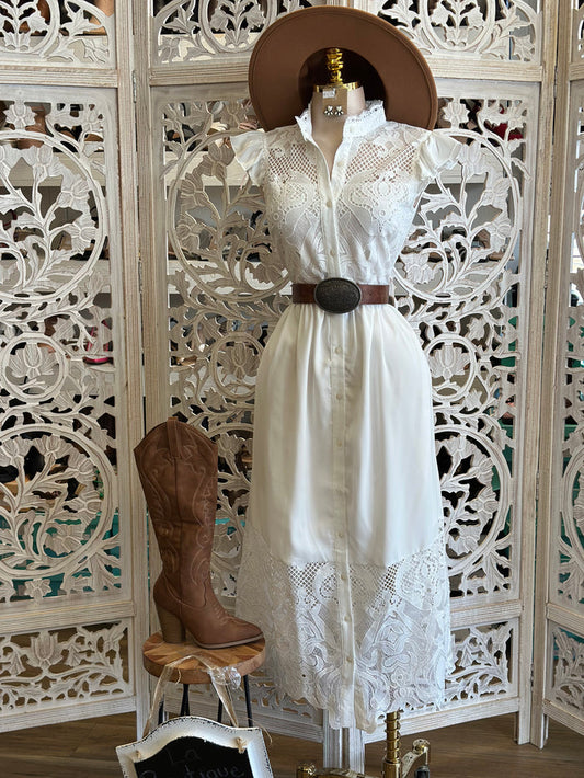 Button Up Lace Midi Dress- Not Stretchy, No Estira .. solo estira de la cintura