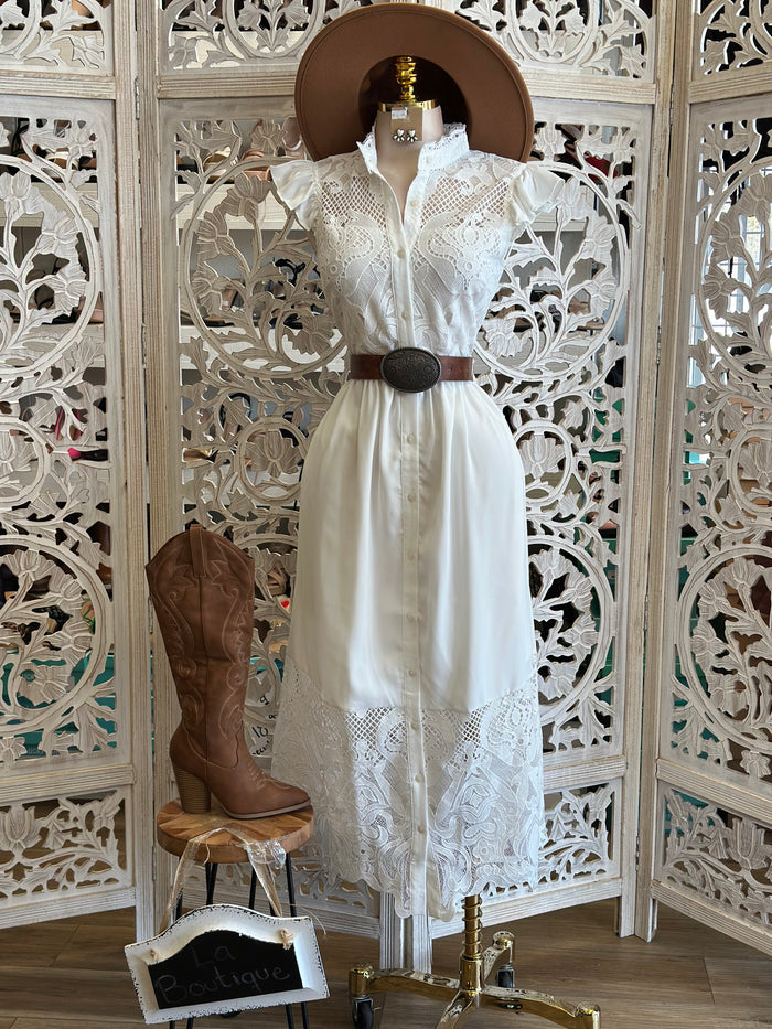 Button Up Lace Midi Dress- Not Stretchy, No Estira .. solo estira de la cintura