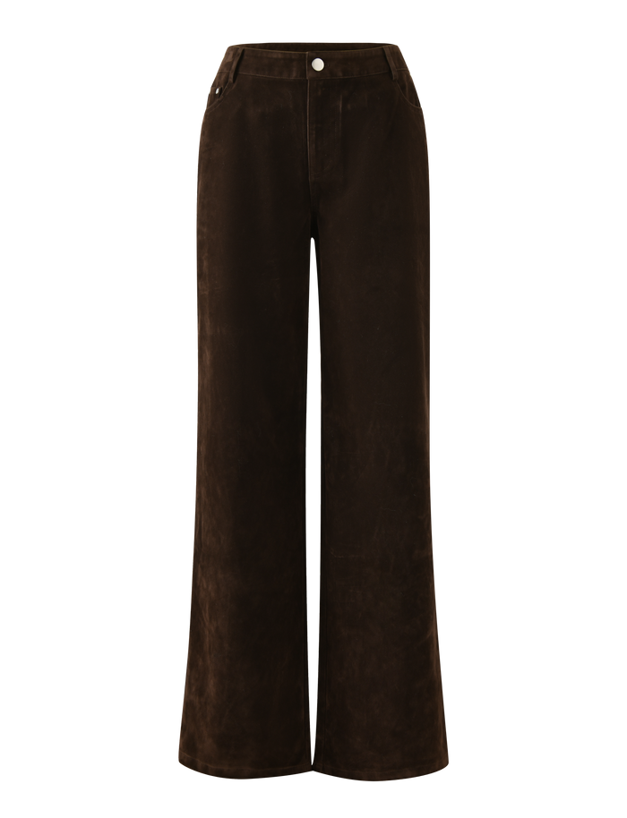 The CAMELLIA PANT by TIGERMIST features high-waisted, straight leg chocolate suede with front pockets and a button waistband, shown on a plain background.