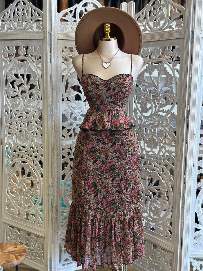 Cami Floral Rustic Midi Dress- Not Stretchy, No Estira