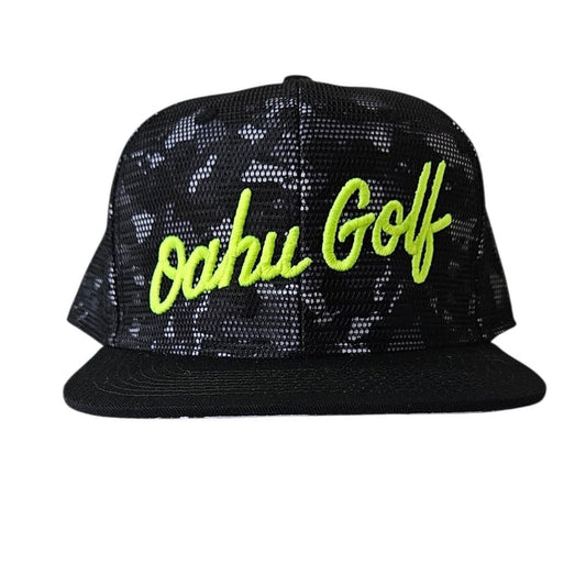 "Camo HiViz Script" - 6 Panel Snapback - Black Camo