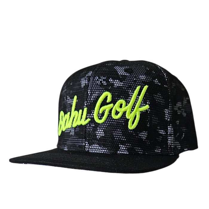 "Camo HiViz Script" - 6 Panel Snapback - Black Camo