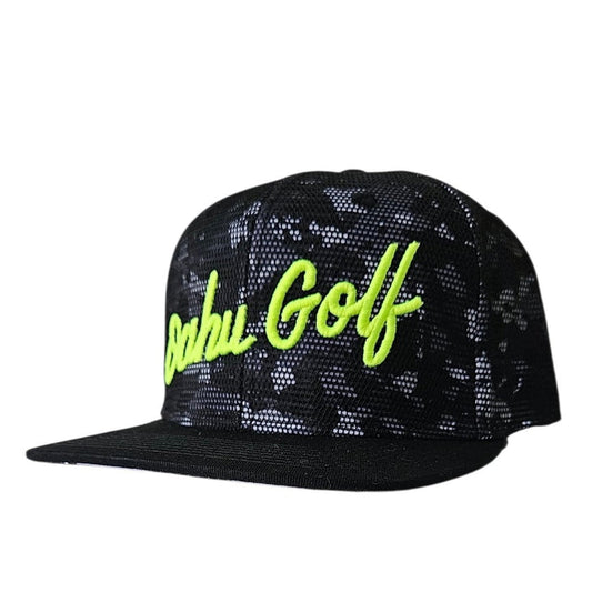 "Camo HiViz Script" - 6 Panel Snapback - Black Camo