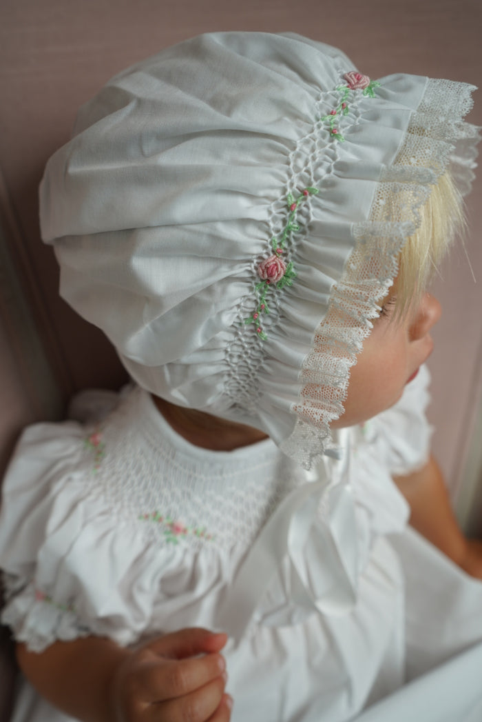Candice White Handsmocked Bonnet