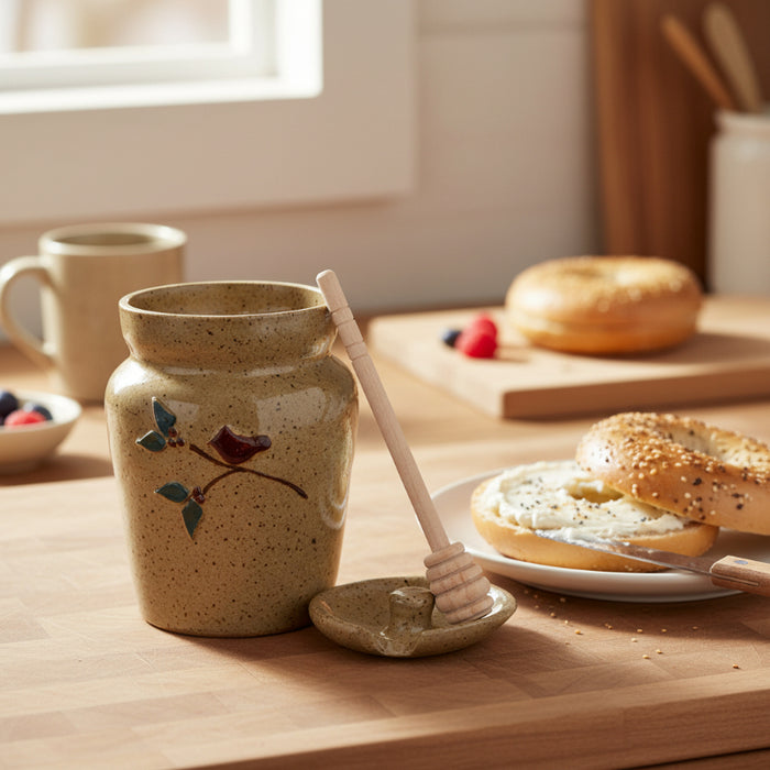 cardinal on brand ceramic honey pot with dipper