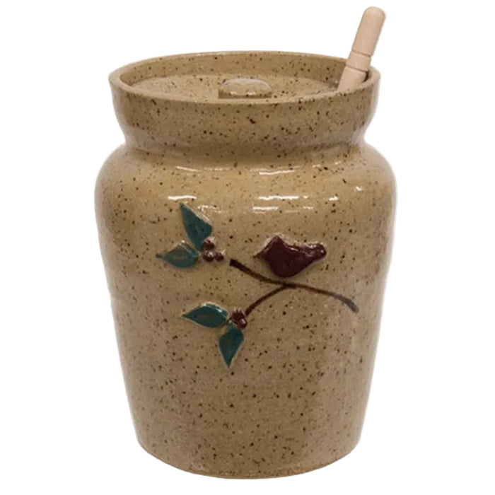 cardinal on brand ceramic honey pot with dipper