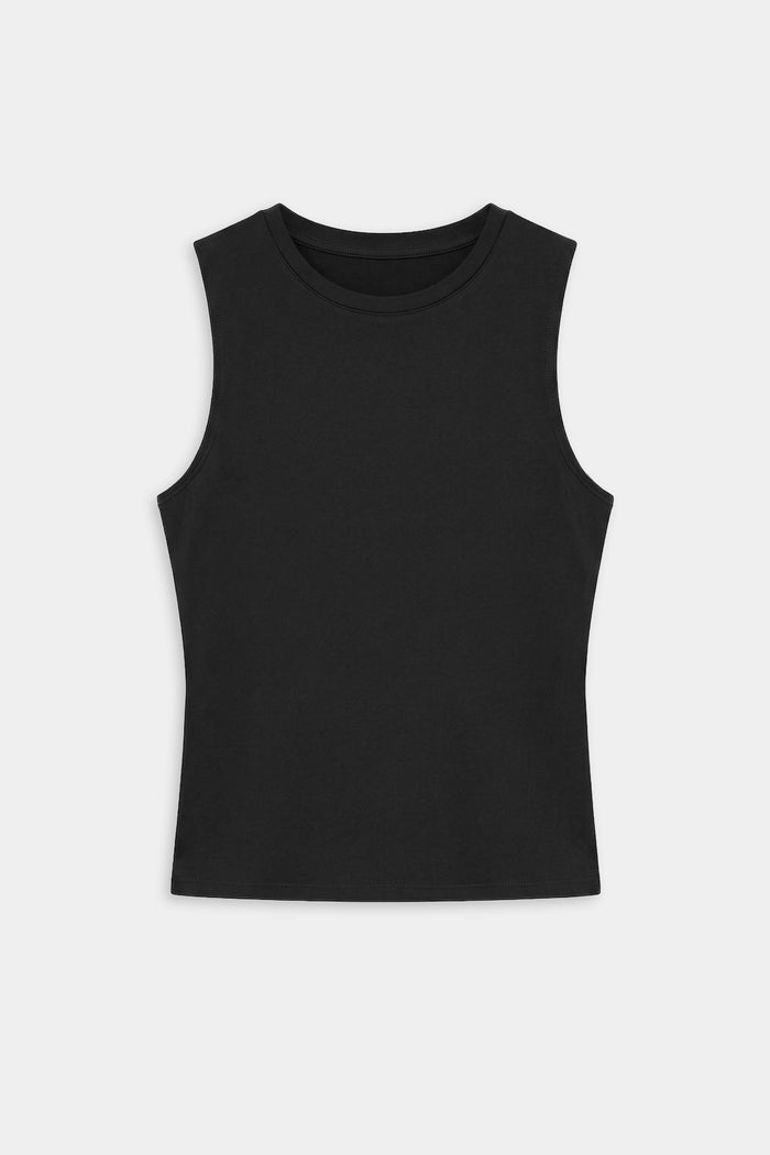 The SPLITS59 Carter Airweight Lite Tank - Black is a buttery soft, plain black sleeveless workout top shown laid flat on a white background.
