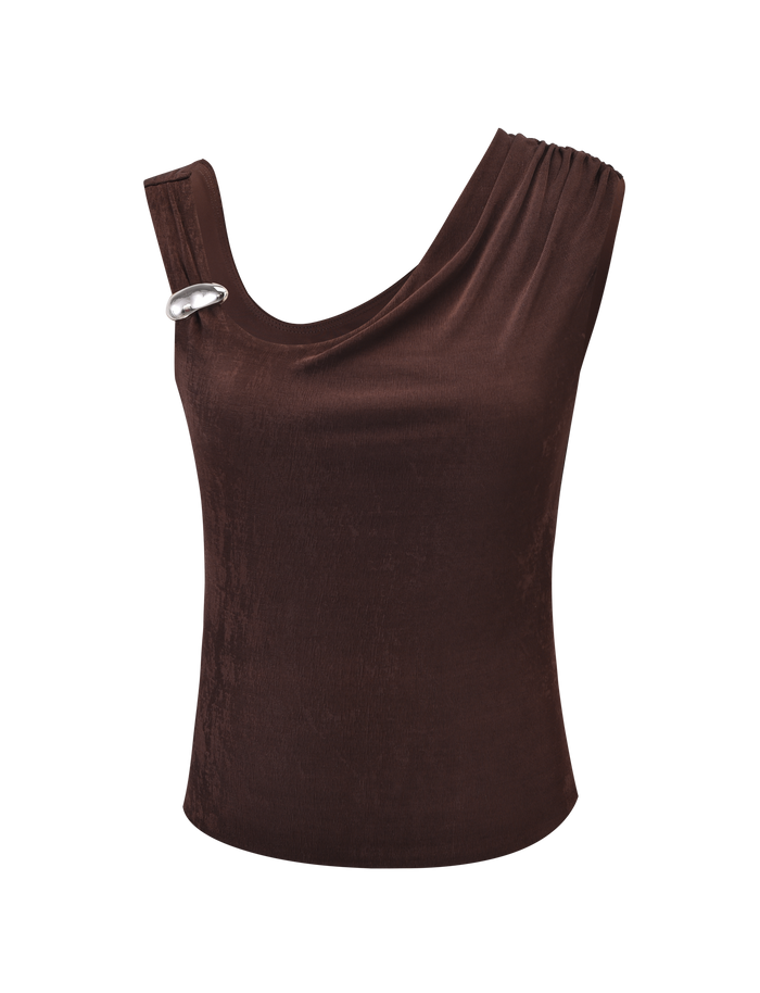 The CASSIAN TOP - CHOCOLATE by TIGERMIST is a sleeveless, chocolate brown tank in slinky jersey, featuring an asymmetrical neckline and a silver decorative pin on one shoulder.