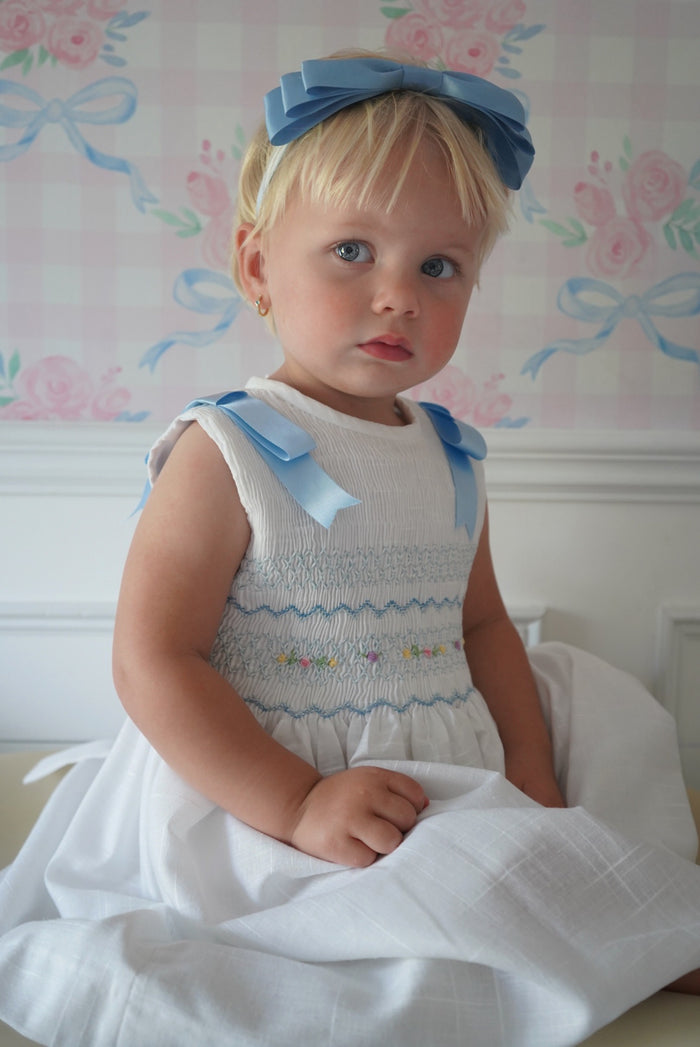 Cassidy White Sleeveless Handsmocked Girl Dress