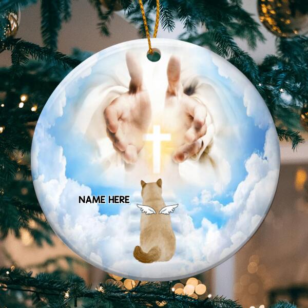 Cat In Heaven Cloudy Memorial Circle Ceramic Ornament - Personalized Angel Cat Decorative Christmas Ornament