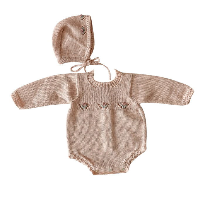 Cayetana Knitted Embroidered Romper with Bonnet