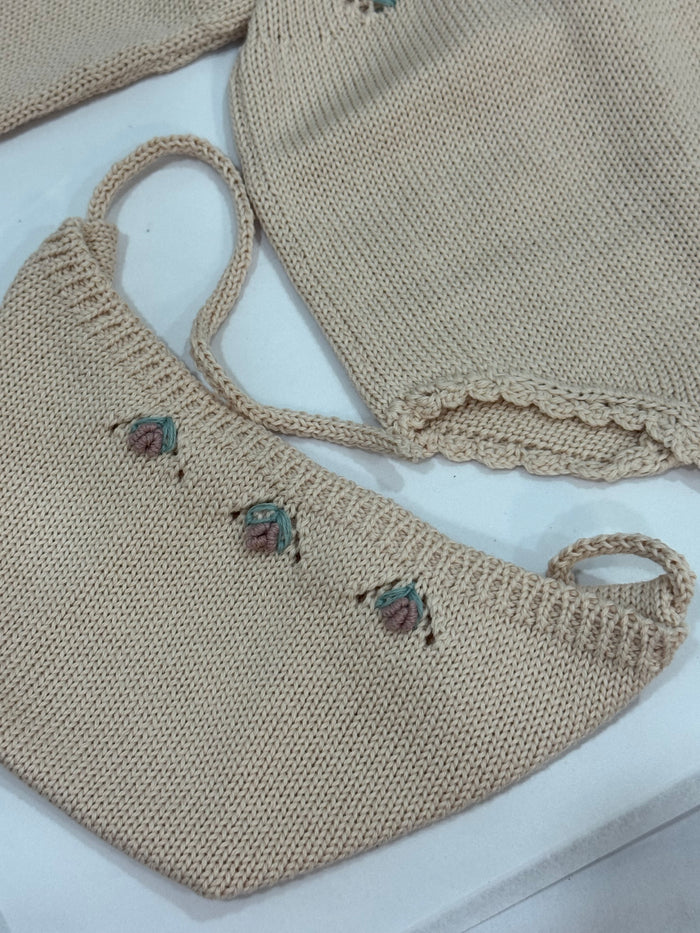 Cayetana Knitted Embroidered Romper with Bonnet
