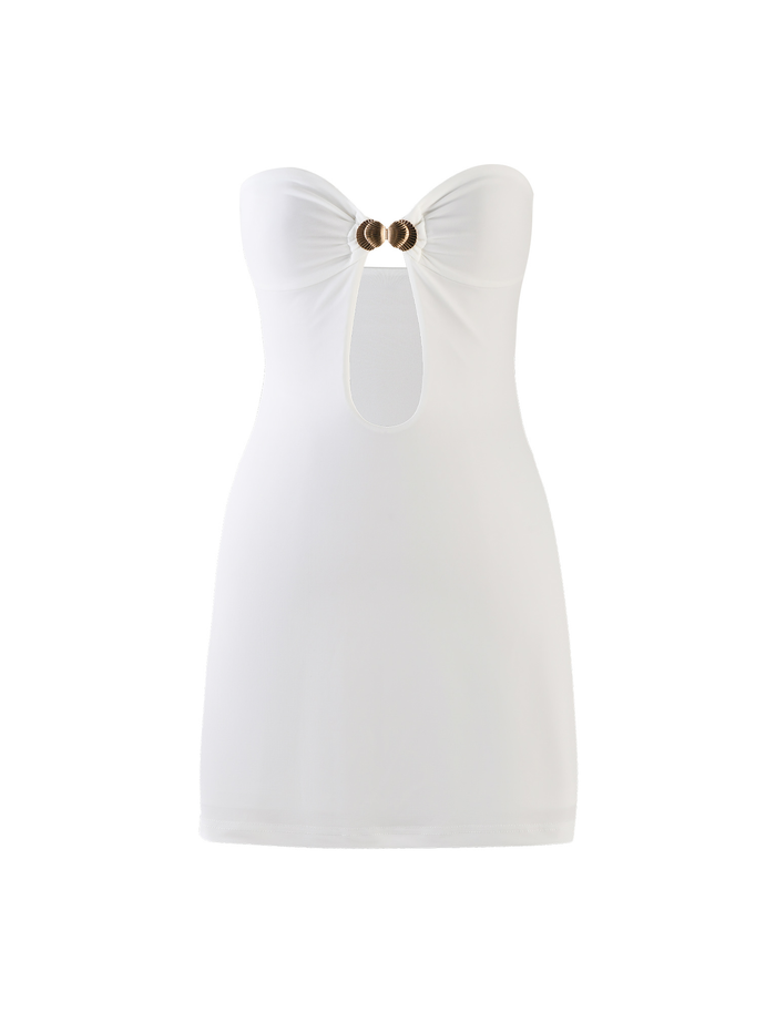 The TIGERMIST CECILY MINI DRESS - WHITE is a strapless, fitted mini dress with a sweetheart neckline, front keyhole cutout, and gold ring accents at the bust, shown on a plain white background.