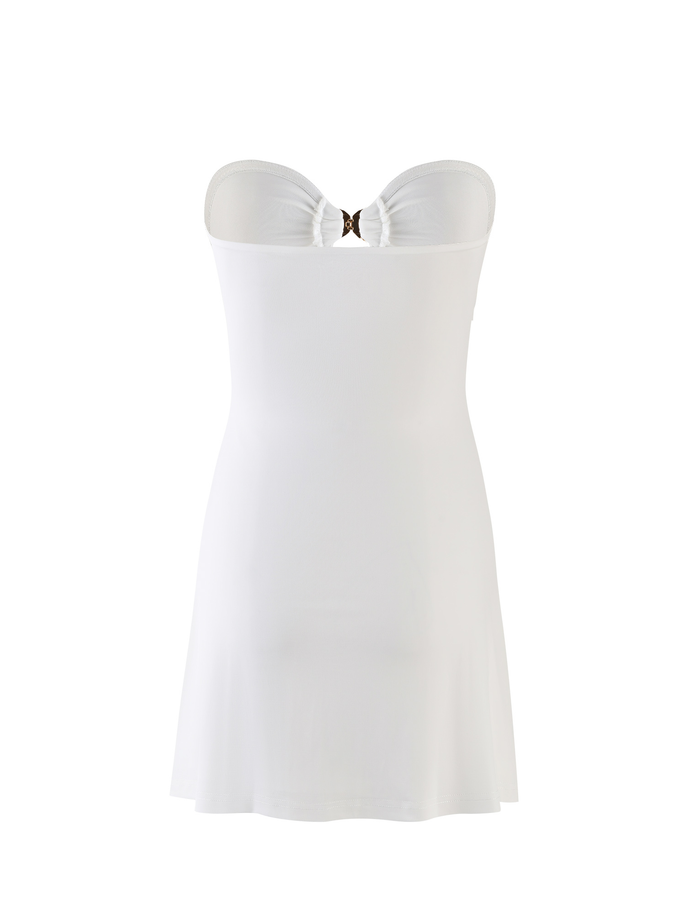 The CECILY MINI DRESS - WHITE by TIGERMIST is a strapless, knee-length dress with a sweetheart neckline and subtle bust detail, offering a simple, elegant, and fitted silhouette.