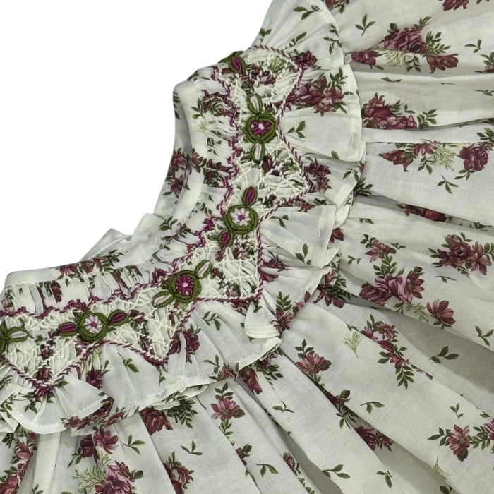 Celia Burgundy Floral Sleeves Handsmocked Dress