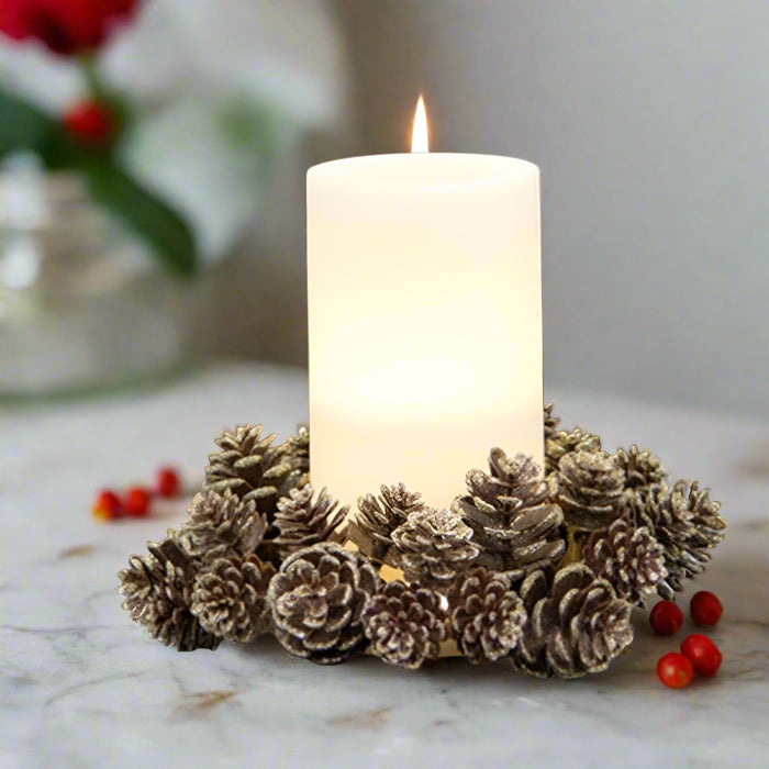 champagne frosted pinecones candle ring 3 inch
