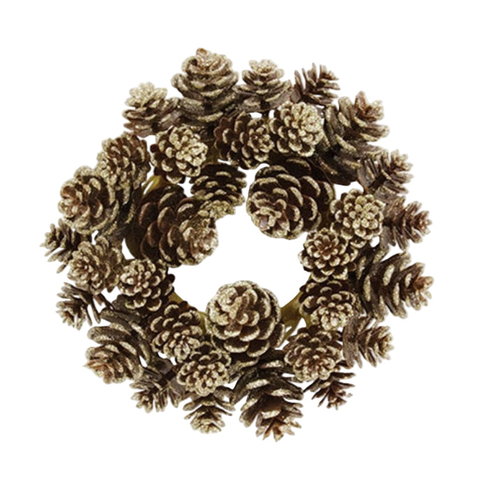 champagne frosted pinecones candle ring 3 inch