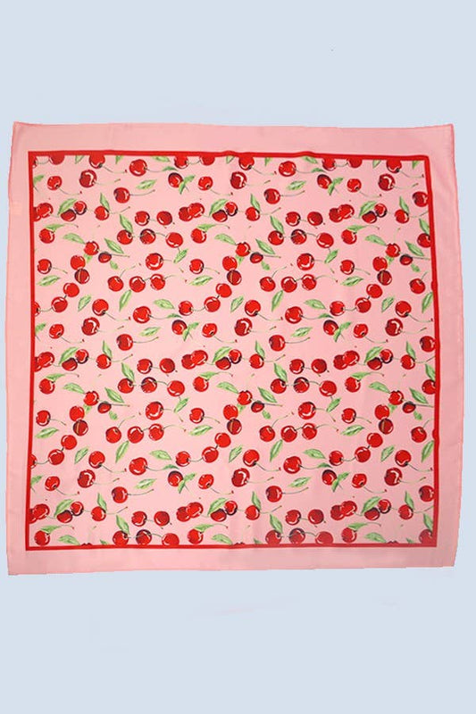 Cherry Print Silky Feel Bandana Scarf - Pink