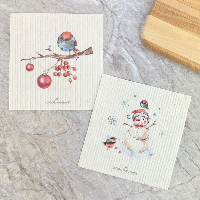 Christmas Branch, Snowman  - 2pk Swedish Dish Cloth