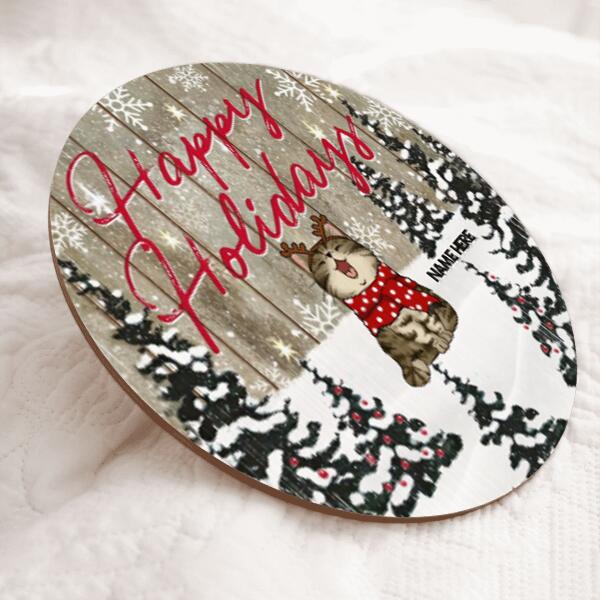 Christmas Door Decorations, Gifts For Cat Lovers, Happy Holidays Snowy Pine Trees Welcome Door Signs , Cat Mom Gifts